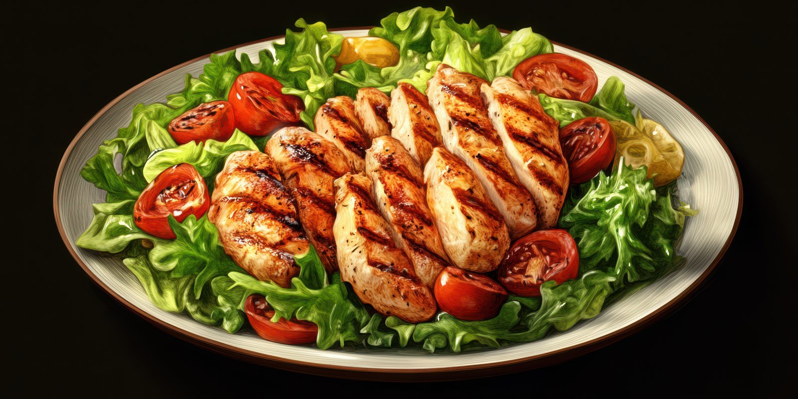 Grilled chicken salad with fresh vegetables served on a white plate